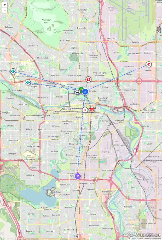Daily accessibility map for 203 8 AV NW, Calgary showing nearby schools, grocery stores, parks, LRT stations and nearby amenities