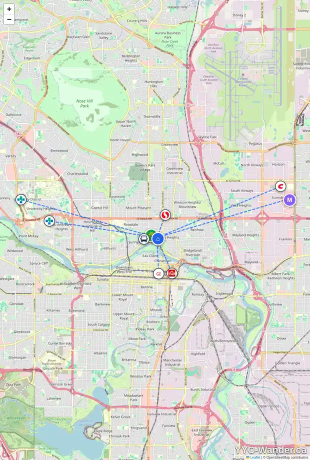 Daily accessibility map for 219 8 AV NW, Calgary showing nearby schools, grocery stores, parks, LRT stations and nearby amenities