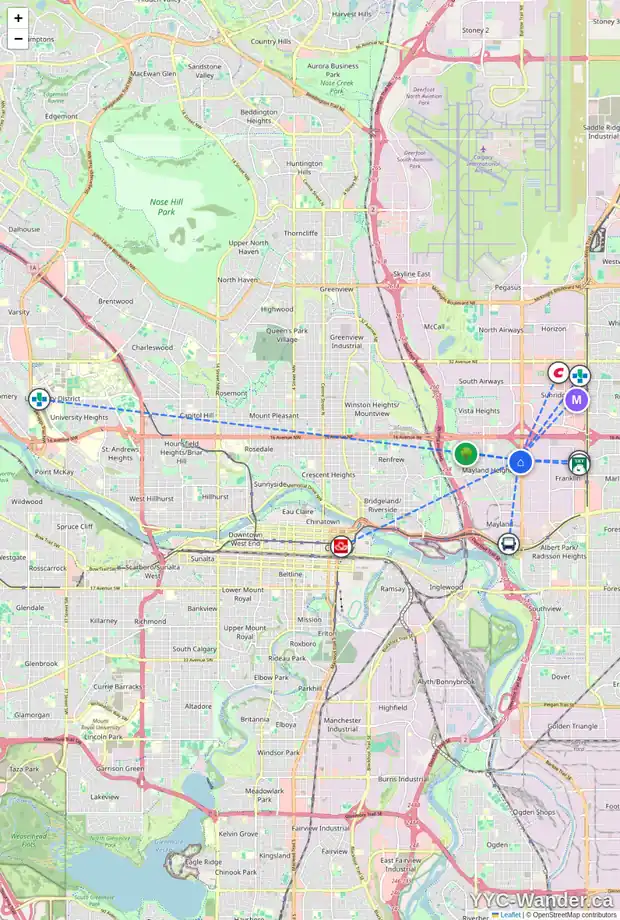 Daily accessibility map for 131 MCHUGH RD NE, Calgary showing nearby schools, grocery stores, parks, LRT stations and nearby amenities