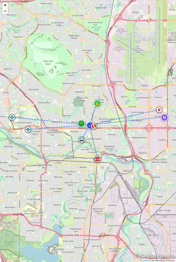 Daily accessibility map for 234 18 AV NW, Calgary showing nearby schools, grocery stores, parks, LRT stations and nearby amenities