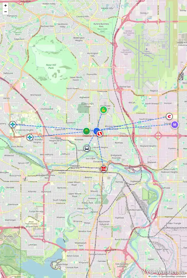 Daily accessibility map for 213 20 AV NW, Calgary showing nearby schools, grocery stores, parks, LRT stations and nearby amenities