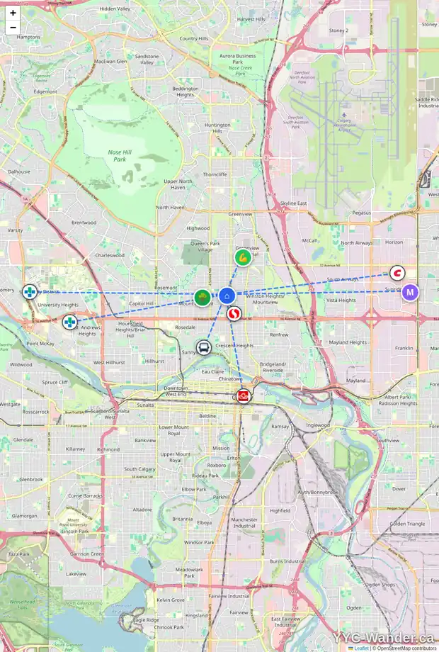 Daily accessibility map for 212 23 AV NW, Calgary showing nearby schools, grocery stores, parks, LRT stations and nearby amenities