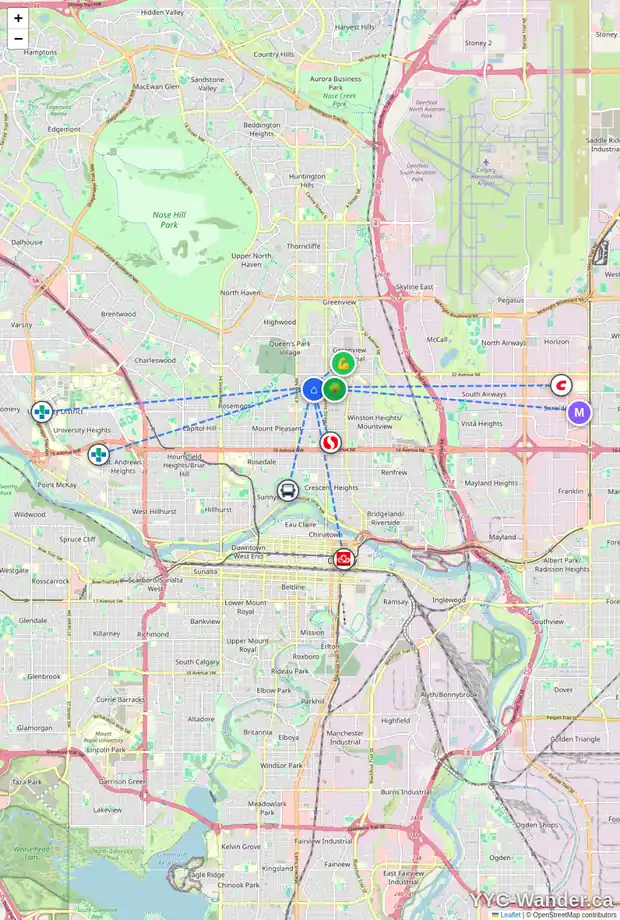 Daily accessibility map for 230 29 AV NW, Calgary showing nearby schools, grocery stores, parks, LRT stations and nearby amenities