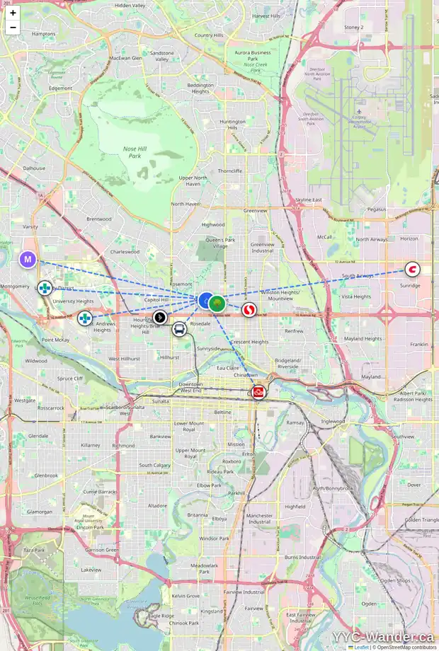 Daily accessibility map for 817 21 AV NW, Calgary showing nearby schools, grocery stores, parks, LRT stations and nearby amenities