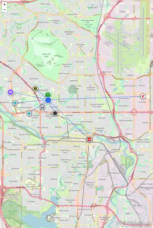 Daily accessibility map for 2615 COCHRANE RD NW, Calgary showing nearby schools, grocery stores, parks, LRT stations and nearby amenities