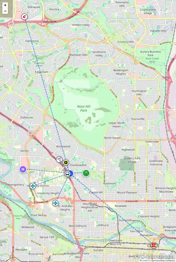 Daily accessibility map for 15 CATHEDRAL RD NW, Calgary showing nearby schools, grocery stores, parks, LRT stations and nearby amenities
