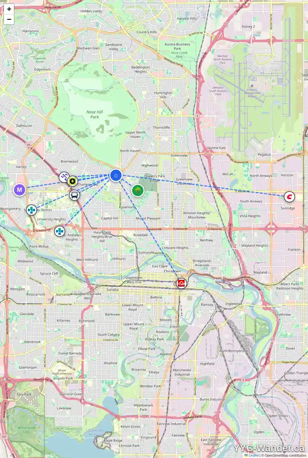 Daily accessibility map for 4016 COMANCHE RD NW, Calgary showing nearby schools, grocery stores, parks, LRT stations and nearby amenities