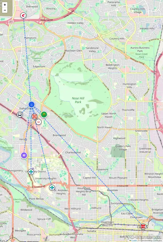 Daily accessibility map for 6343 DALBEATTIE HL NW, Calgary showing nearby schools, grocery stores, parks, LRT stations and nearby amenities