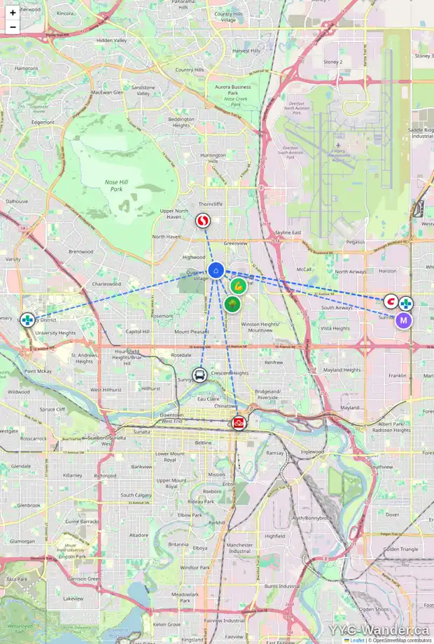 Daily accessibility map for 4016 3 ST NW, Calgary showing nearby schools, grocery stores, parks, LRT stations and nearby amenities