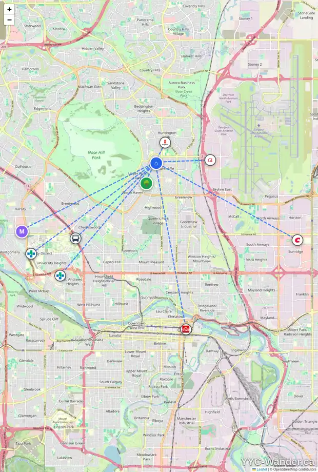 Daily accessibility map for 6223 THORNABY WY NW, Calgary showing nearby schools, grocery stores, parks, LRT stations and nearby amenities