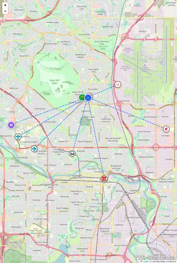 Daily accessibility map for 212 NORTHMOUNT DR NW, Calgary showing nearby schools, grocery stores, parks, LRT stations and nearby amenities
