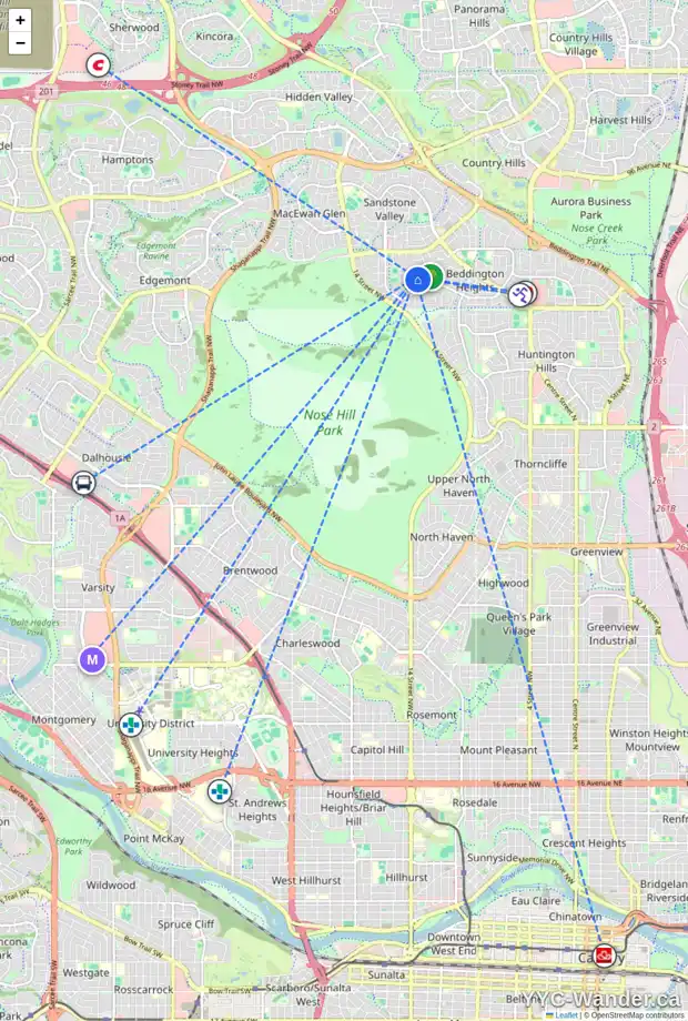 Daily accessibility map for 69 BEACHAM WY NW, Calgary showing nearby schools, grocery stores, parks, LRT stations and nearby amenities