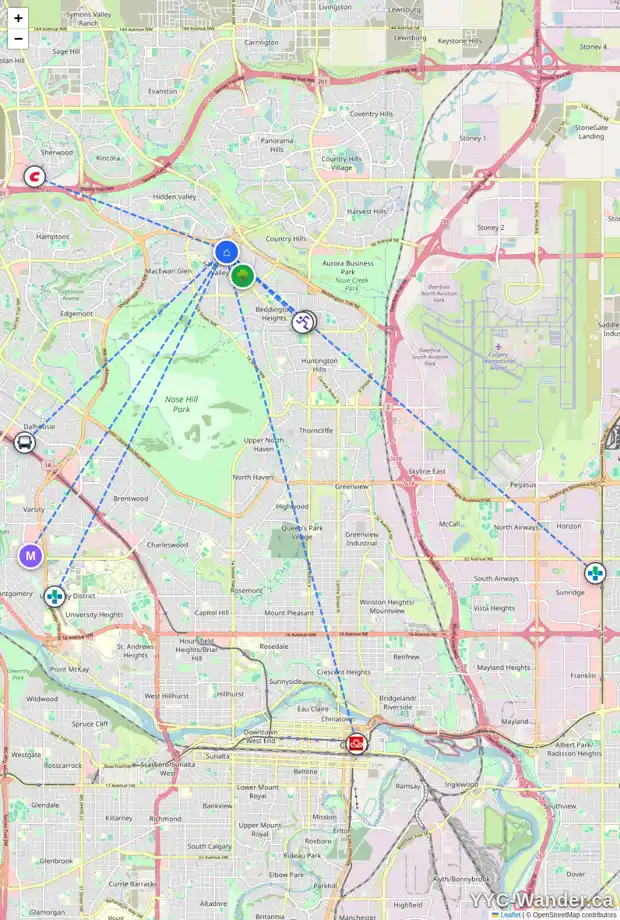 Daily accessibility map for 142 SANDERLING CL NW, Calgary showing nearby schools, grocery stores, parks, LRT stations and nearby amenities
