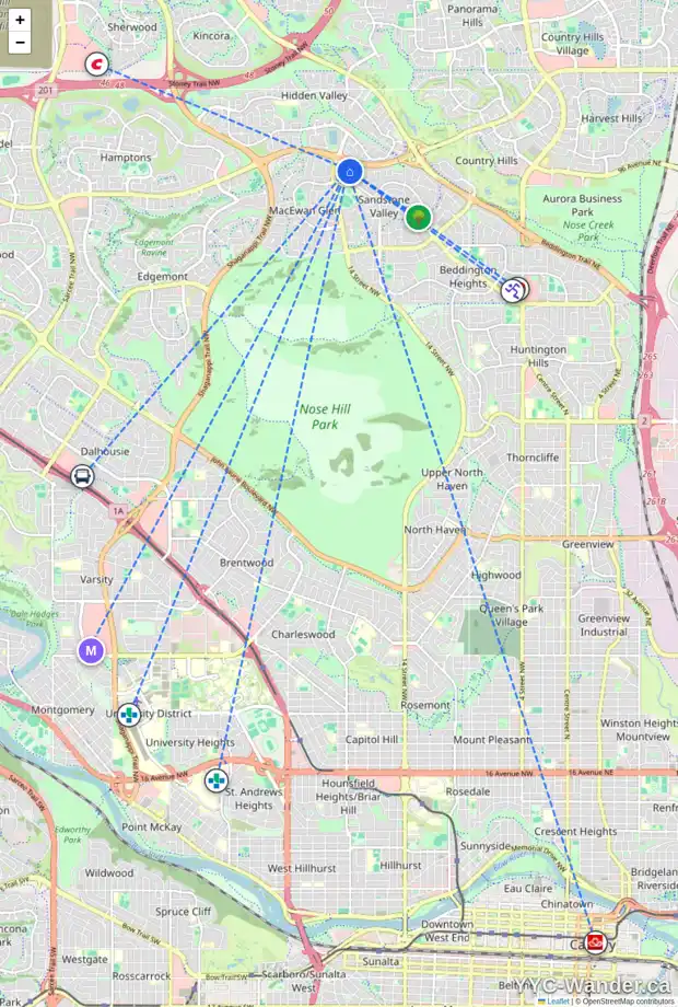 Daily accessibility map for 81 SANDALWOOD CO NW, Calgary showing nearby schools, grocery stores, parks, LRT stations and nearby amenities
