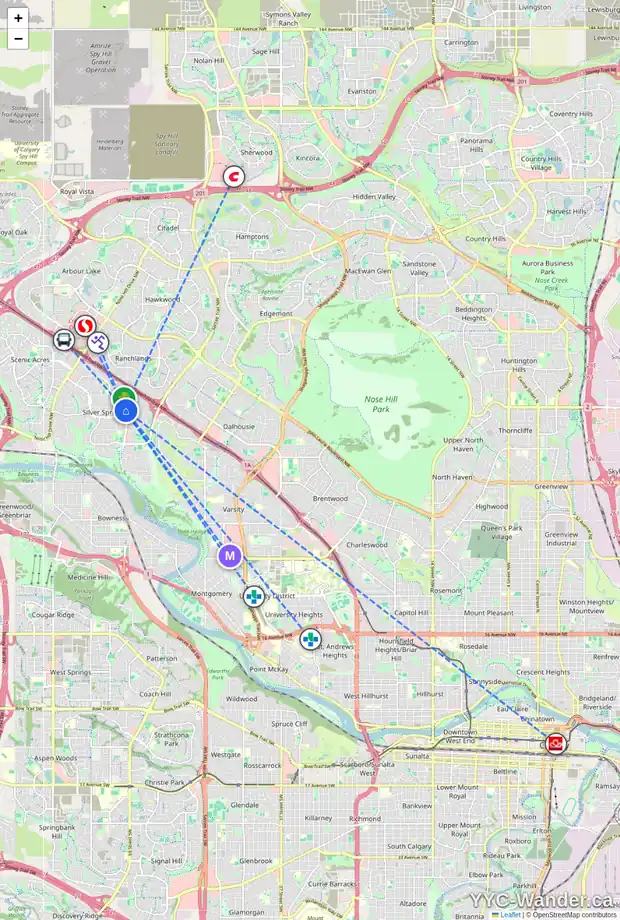 Daily accessibility map for 6451 70 ST NW, Calgary showing nearby schools, grocery stores, parks, LRT stations and nearby amenities