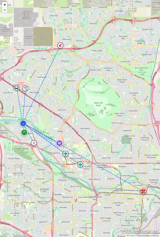Daily accessibility map for 148 BOW GREEN CR NW, Calgary showing nearby schools, grocery stores, parks, LRT stations and nearby amenities