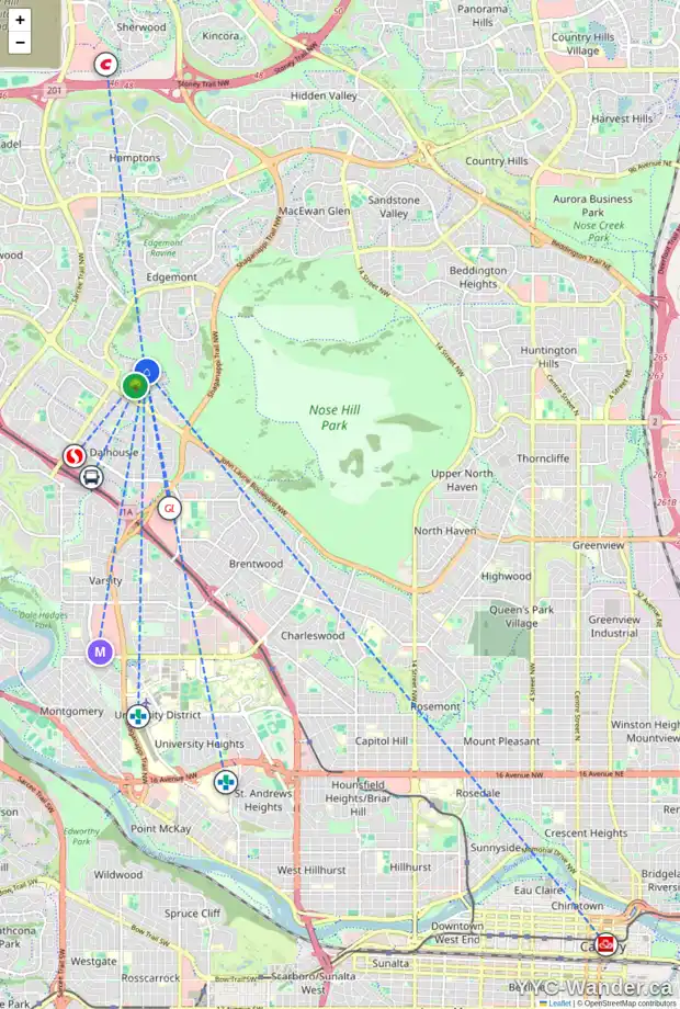Daily accessibility map for 815 EDGEMONT RD NW, Calgary showing nearby schools, grocery stores, parks, LRT stations and nearby amenities