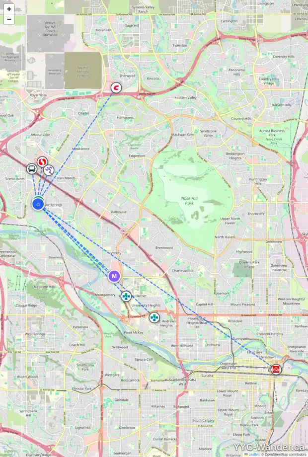 Daily accessibility map for 264 SILVER CREEK ME NW, Calgary showing nearby schools, grocery stores, parks, LRT stations and nearby amenities