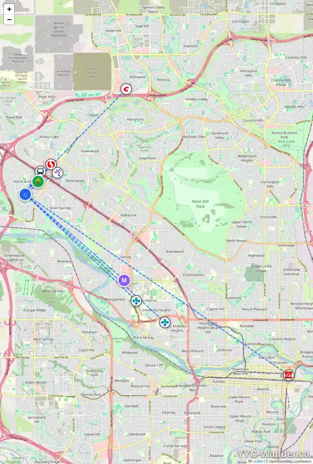 Daily accessibility map for 31 SCENIC PARK CR NW, Calgary showing nearby schools, grocery stores, parks, LRT stations and nearby amenities