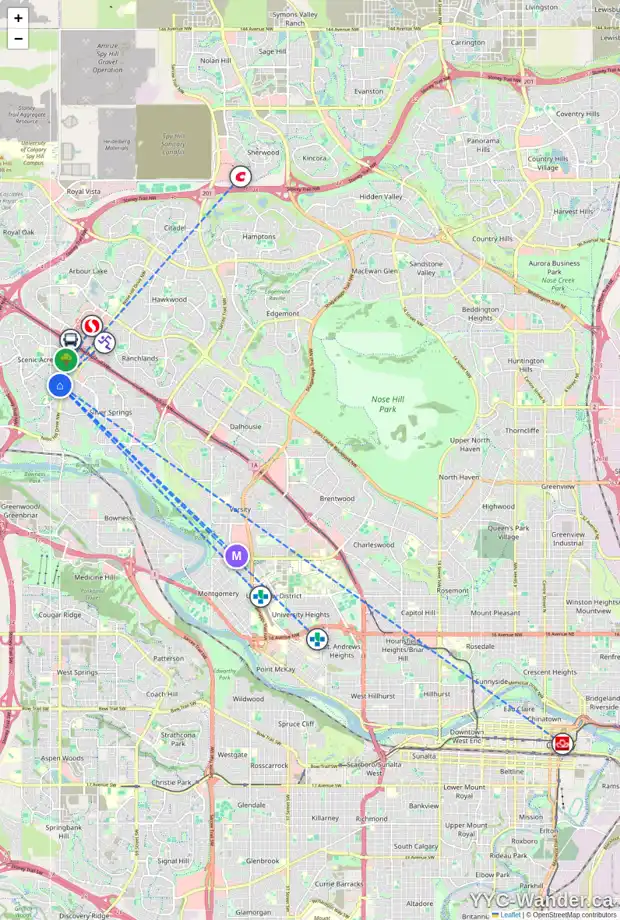 Daily accessibility map for 128 SCENIC ACRES DR NW, Calgary showing nearby schools, grocery stores, parks, LRT stations and nearby amenities