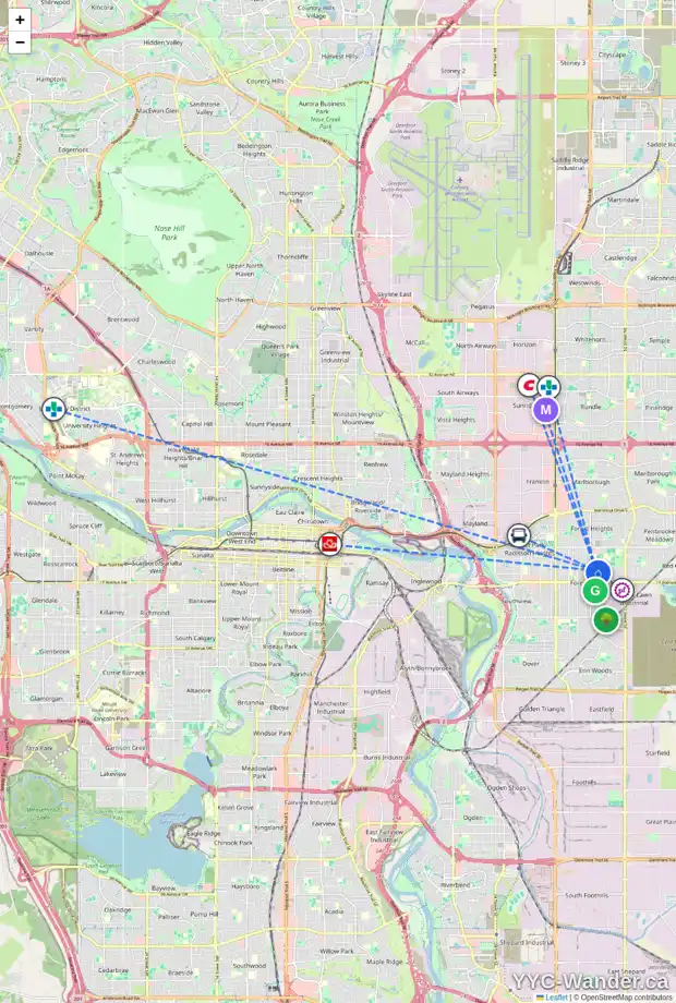 Daily accessibility map for 1516 45 ST SE, Calgary showing nearby schools, grocery stores, parks, LRT stations and nearby amenities