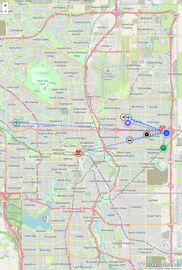 Daily accessibility map for 36 ABINGDON CR NE, Calgary showing nearby schools, grocery stores, parks, LRT stations and nearby amenities