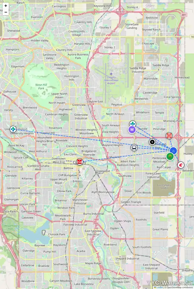 Daily accessibility map for 1100 ABBEYDALE DR NE, Calgary showing nearby schools, grocery stores, parks, LRT stations and nearby amenities
