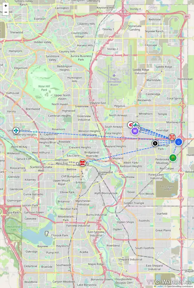 Daily accessibility map for 152 ABINGDON WY NE, Calgary showing nearby schools, grocery stores, parks, LRT stations and nearby amenities