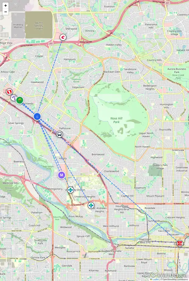 Daily accessibility map for 306 RANCHVIEW CO NW, Calgary showing nearby schools, grocery stores, parks, LRT stations and nearby amenities