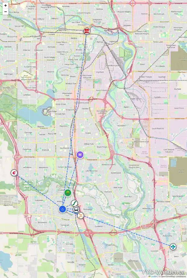 Daily accessibility map for 82 SHANNON CR SW, Calgary showing nearby schools, grocery stores, parks, LRT stations and nearby amenities