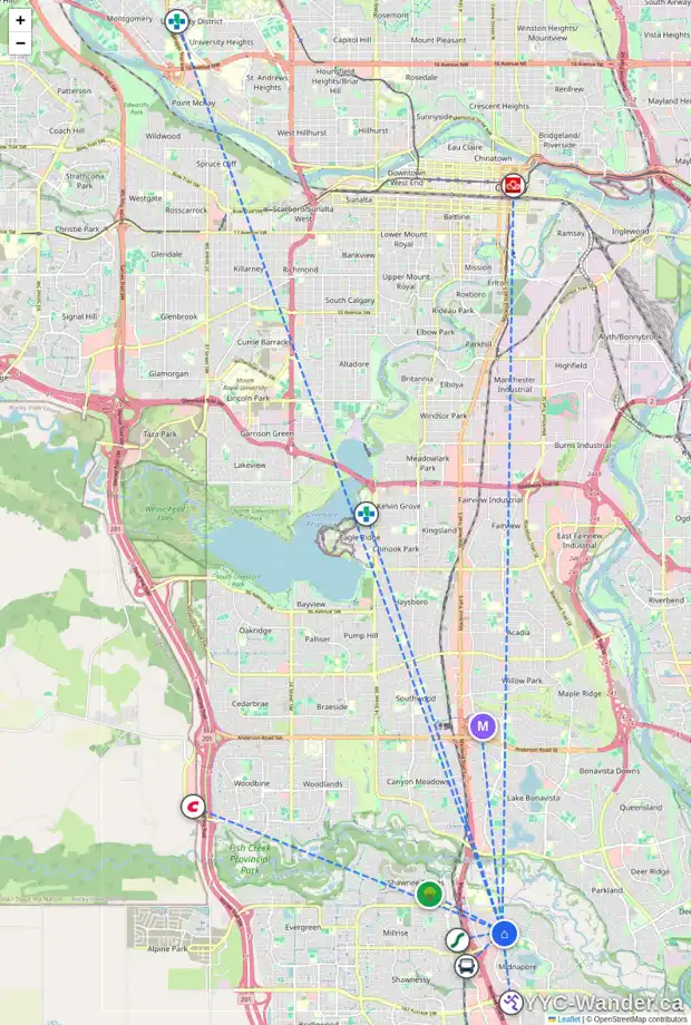 Daily accessibility map for 38 MIDRIDGE GD SE, Calgary showing nearby schools, grocery stores, parks, LRT stations and nearby amenities