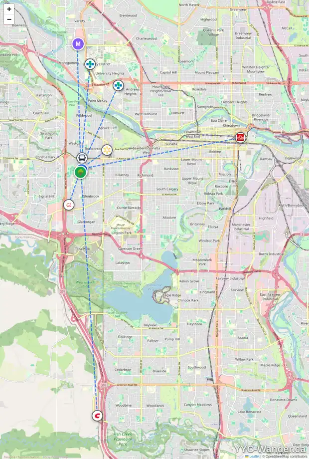 Daily accessibility map for 23 GLENVIEW CR SW, Calgary showing nearby schools, grocery stores, parks, LRT stations and nearby amenities