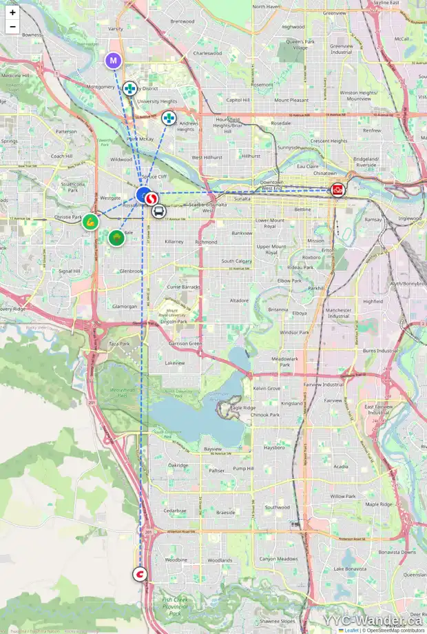 Daily accessibility map for 902 39 ST SW, Calgary showing nearby schools, grocery stores, parks, LRT stations and nearby amenities