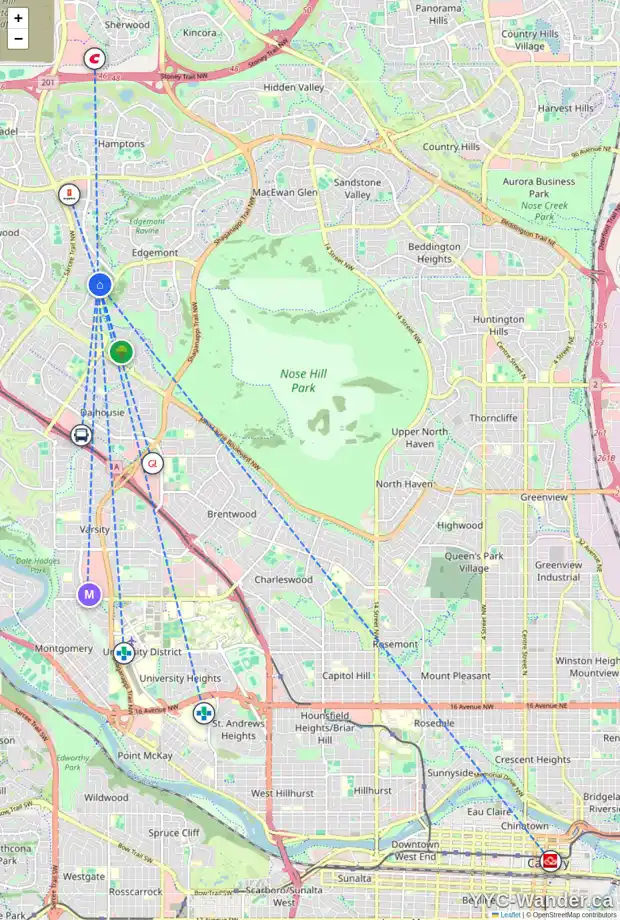 Daily accessibility map for 59 EDGEWOOD RI NW, Calgary showing nearby schools, grocery stores, parks, LRT stations and nearby amenities