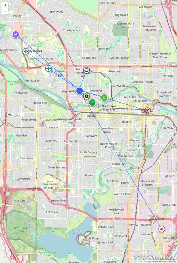Daily accessibility map for 2116 3 AV NW, Calgary showing nearby schools, grocery stores, parks, LRT stations and nearby amenities