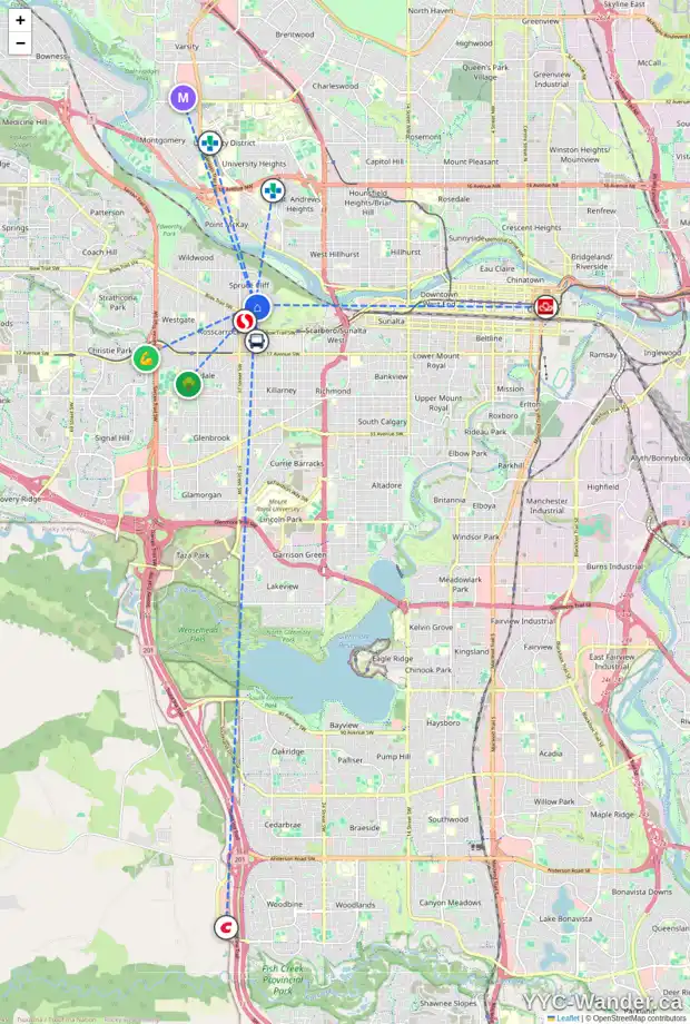 Daily accessibility map for 643 POPLAR RD SW, Calgary showing nearby schools, grocery stores, parks, LRT stations and nearby amenities