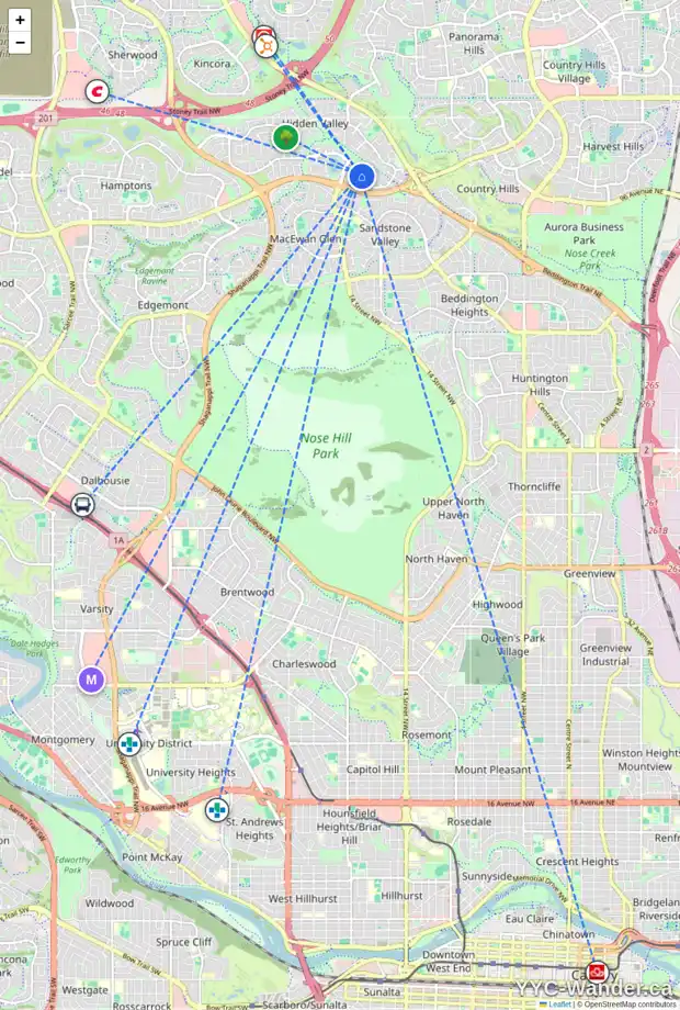 Daily accessibility map for 10174 HIDDEN VALLEY DR NW, Calgary showing nearby schools, grocery stores, parks, LRT stations and nearby amenities