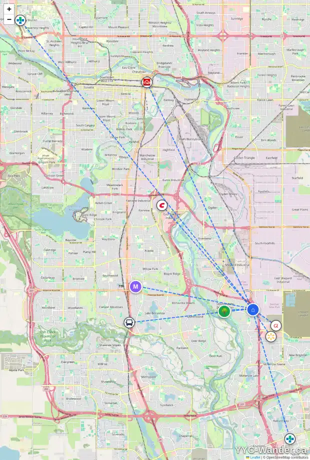 Daily accessibility map for 132 DOUGLAS RIDGE ME SE, Calgary showing nearby schools, grocery stores, parks, LRT stations and nearby amenities