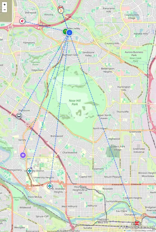 Daily accessibility map for 13 HIDDEN RIDGE CO NW, Calgary showing nearby schools, grocery stores, parks, LRT stations and nearby amenities