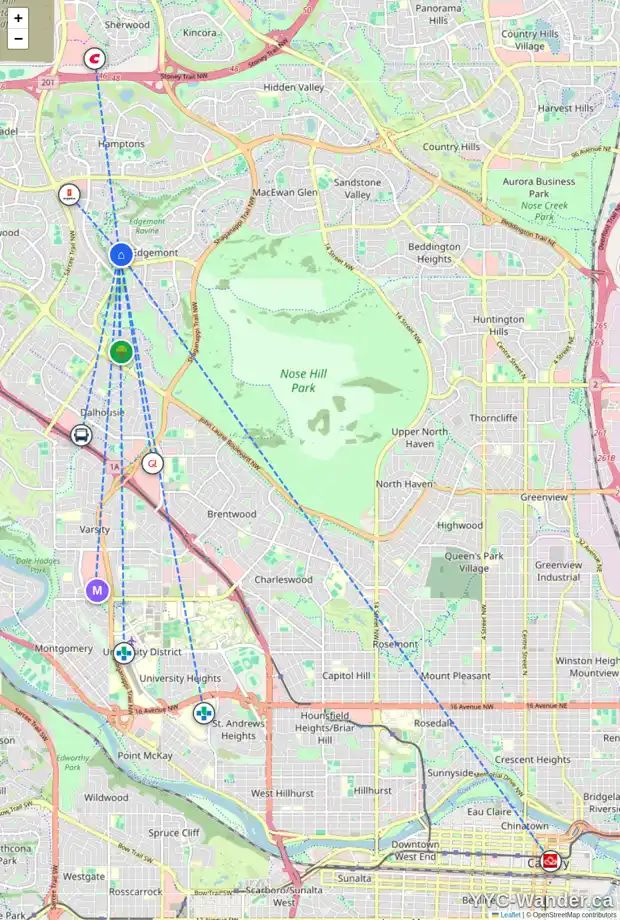Daily accessibility map for 149 EDGEVIEW RD NW, Calgary showing nearby schools, grocery stores, parks, LRT stations and nearby amenities