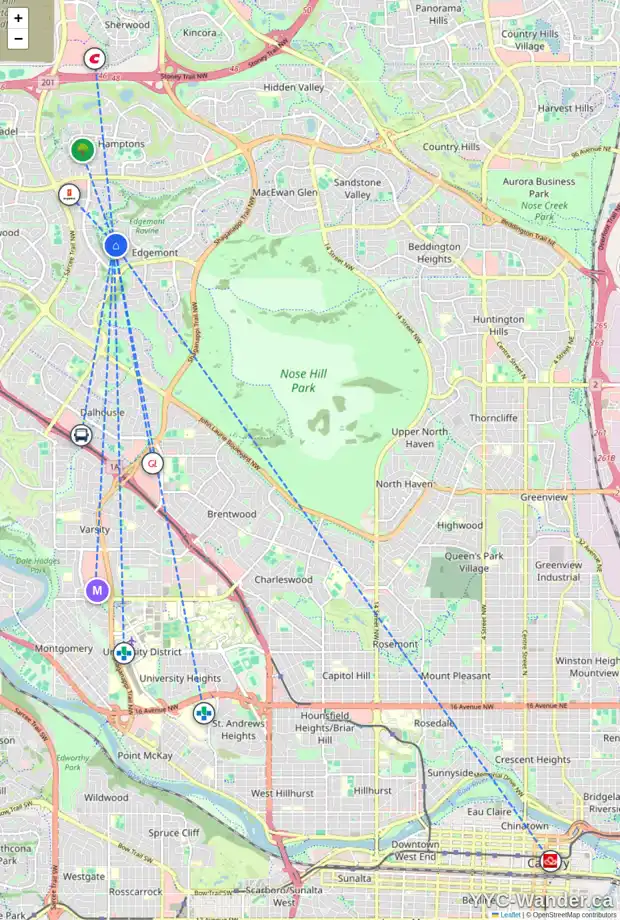 Daily accessibility map for 212 EDGEVIEW PL NW, Calgary showing nearby schools, grocery stores, parks, LRT stations and nearby amenities