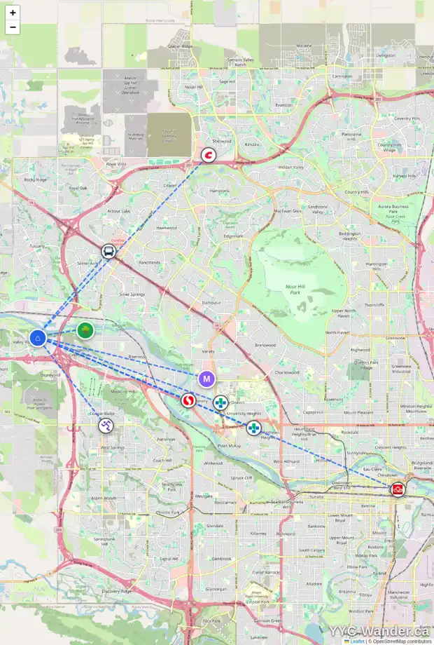 Daily accessibility map for 343 VALLEY SPRINGS TC NW, Calgary showing nearby schools, grocery stores, parks, LRT stations and nearby amenities