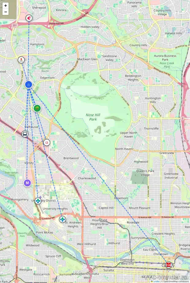 Daily accessibility map for 51 EDGELAND CO NW, Calgary showing nearby schools, grocery stores, parks, LRT stations and nearby amenities