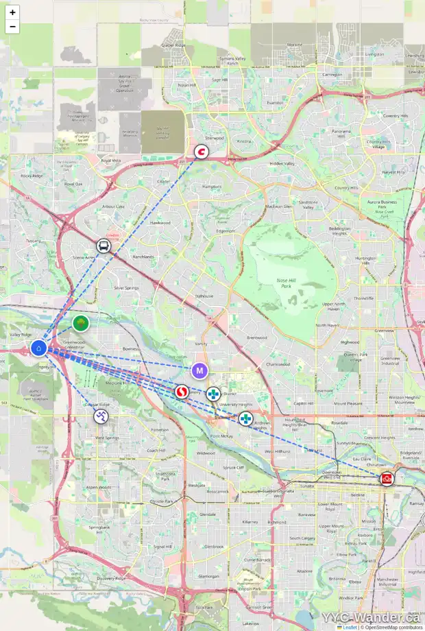 Daily accessibility map for 135 VALLEY BROOK CI NW, Calgary showing nearby schools, grocery stores, parks, LRT stations and nearby amenities
