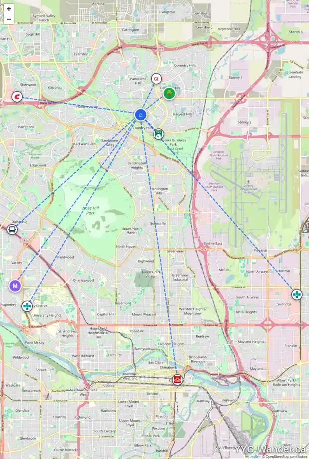 Daily accessibility map for 10 PANORAMA HILLS GV NW, Calgary showing nearby schools, grocery stores, parks, LRT stations and nearby amenities