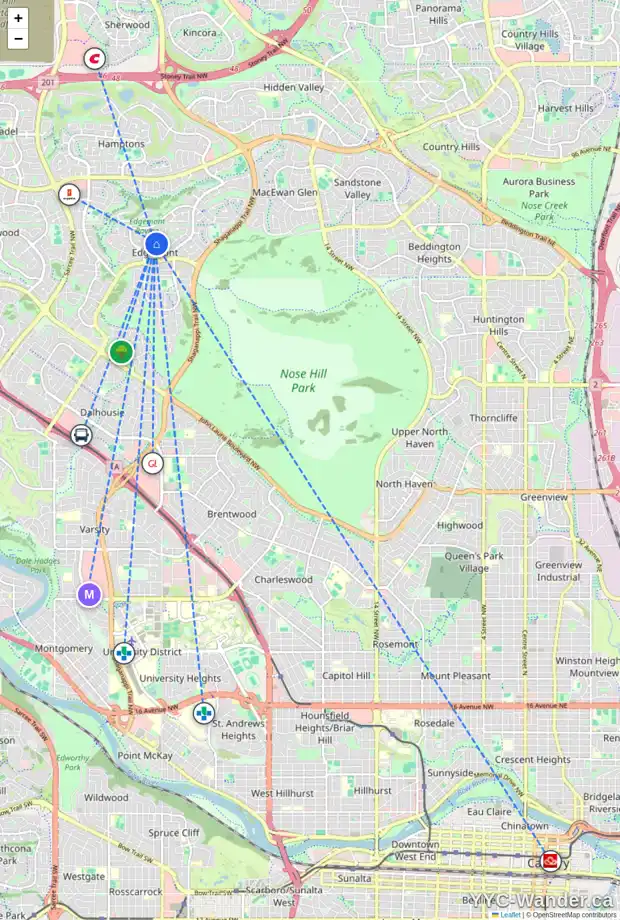 Daily accessibility map for 83 EDGEVALLEY CI NW, Calgary showing nearby schools, grocery stores, parks, LRT stations and nearby amenities