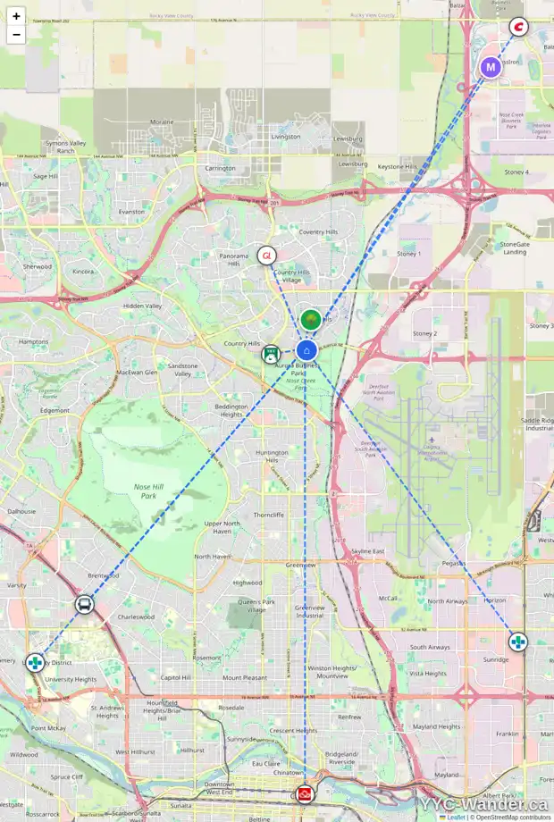 Daily accessibility map for 245 HARVEST ROSE CI NE, Calgary showing nearby schools, grocery stores, parks, LRT stations and nearby amenities