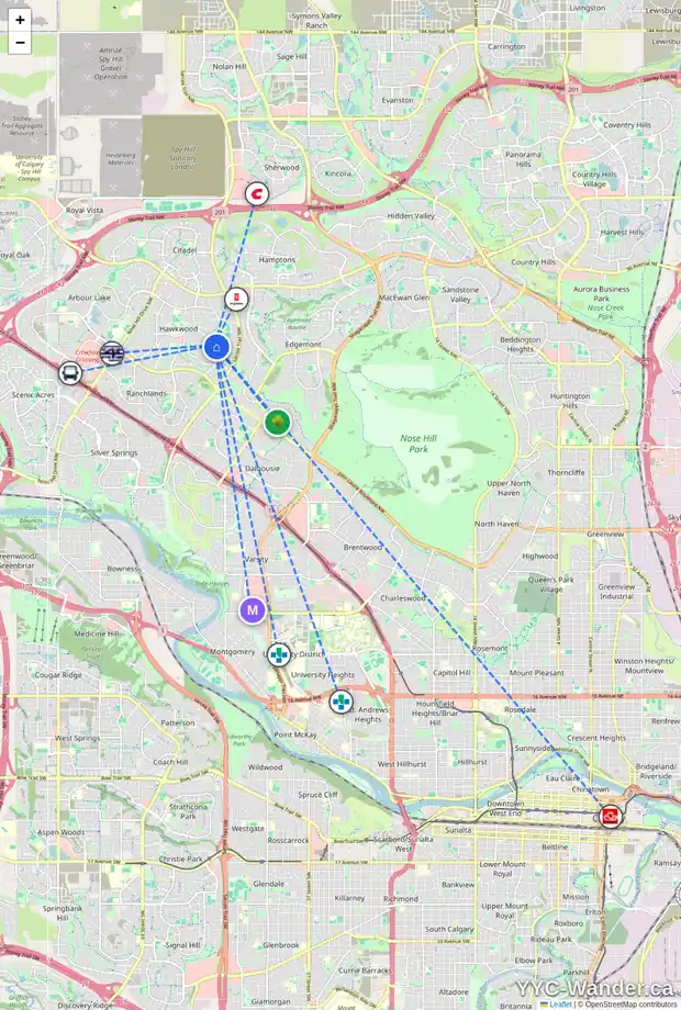 Daily accessibility map for 216 HAWKWOOD BV NW, Calgary showing nearby schools, grocery stores, parks, LRT stations and nearby amenities