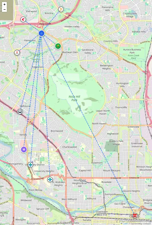 Daily accessibility map for 86 HAMPTONS HT NW, Calgary showing nearby schools, grocery stores, parks, LRT stations and nearby amenities