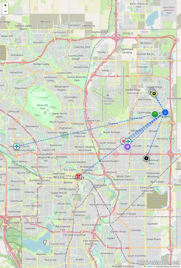 Daily accessibility map for 156 CORAL SPRINGS CL NE, Calgary showing nearby schools, grocery stores, parks, LRT stations and nearby amenities